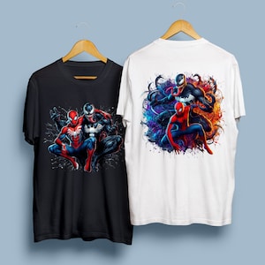 May include: Two black t-shirts with a graphic print of Spider-Man and Venom. One shirt has a white background and the other has a black background.