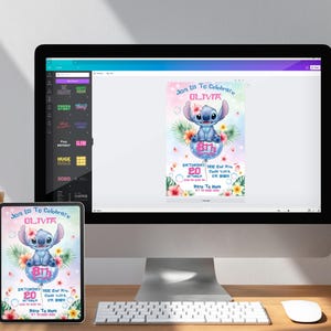 May include: A computer monitor and tablet display a colorful invitation for Olivia's 8th birthday. The invitation features a blue cartoon character, floral accents, and event details. A keyboard and mouse are on the desk.