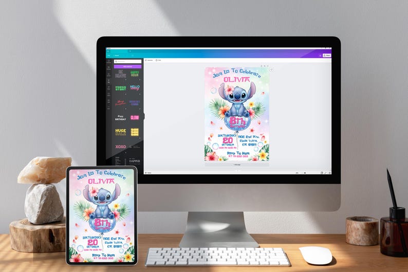 May include: A computer monitor and tablet display a colorful invitation for Olivia's 8th birthday. The invitation features a blue cartoon character, floral accents, and event details. A keyboard and mouse are on the desk.