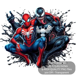 May include: A digital illustration of Spider-Man and Venom, both in action poses, with black liquid splattered around them. The image is 4096 x 4096 pixels and 13.65 x 13.65 inches.