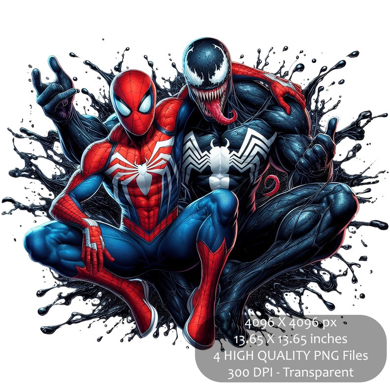 May include: A digital illustration of Spider-Man and Venom, both in action poses, with black liquid splattered around them. The image is 4096 x 4096 pixels and 13.65 x 13.65 inches.