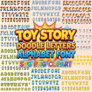 Paquete de alfabetos de Toy Story Doodle PNG SVG, fuente de letras de Woody Buzz, diseño de camiseta con nombre personalizado, archivo digital de imágenes prediseñadas de sublimación para fiesta de cumpleaños