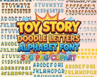 Toy Story Doodle Alphabet PNG SVG Bundle, Woody Buzz Letter Font, Custom Name Shirt Design, Birthday Party Sublimation Clipart Digital File