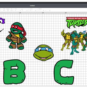 May include: A digital design featuring Teenage Mutant Ninja Turtles characters and the word "Turtles". Includes the letters A, B, and C in green, along with a purple mask, a smiling face, and a turtle head.