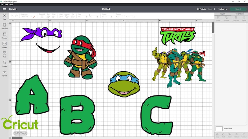 May include: A digital design featuring Teenage Mutant Ninja Turtles characters and the word "Turtles". Includes the letters A, B, and C in green, along with a purple mask, a smiling face, and a turtle head.