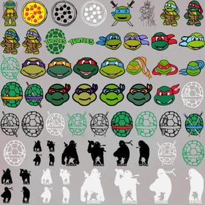 May include: A collection of Teenage Mutant Ninja Turtles-themed graphics. The image includes cartoon illustrations of the turtles, their masks, weapons, and pizza. There are also silhouettes of the characters and the word "Turtles".