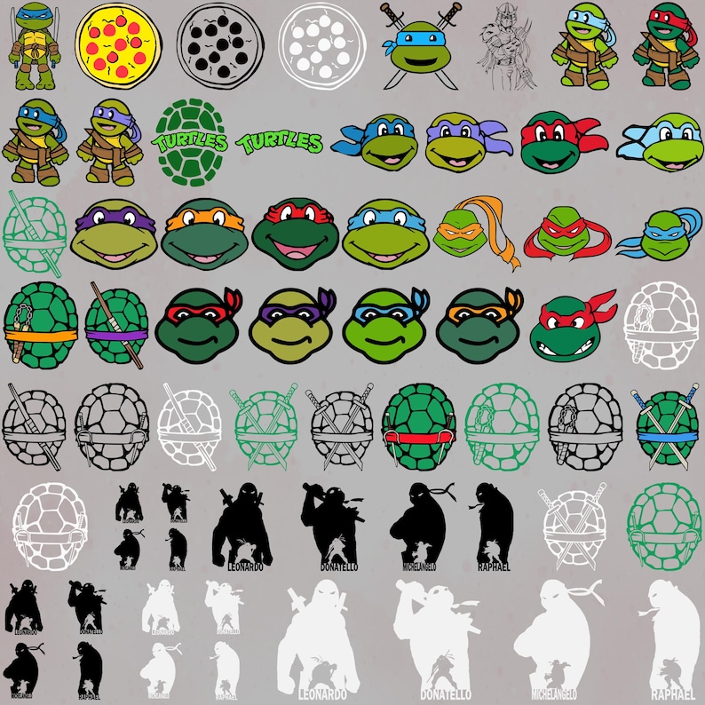 May include: A collection of Teenage Mutant Ninja Turtles-themed graphics. The image includes cartoon illustrations of the turtles, their masks, weapons, and pizza. There are also silhouettes of the characters and the word "Turtles".