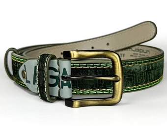 Men's genuine leather belt in dark green suede La Galere