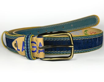 Men's genuine leather belt in dark blue suede