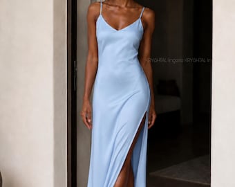 Blaues Satin Slip Kleid, langes Brautjungfernkleid, Minimalistisches Maxi Kleid, Elegantes Nachthemd, Seidenkleid