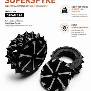 Könnte beinhalten: F3DM Upgrade SuperSpyke Räder für Dreame A2 Mähroboter. Diese schwarzen Räder verfügen über markante Spikes für Traktion, ein Gewicht von 1 kg pro Rad und austauschbare Reifen. Das Set enthält ein Rad mit Spikes und eine separate flache Abdeckung.