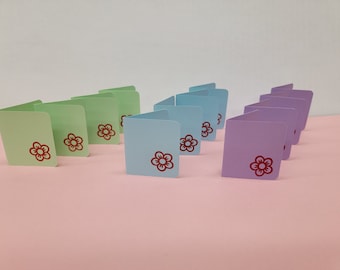 Set of 12 Mini Stamped Flower Cards. 4 of each color, 3 colors