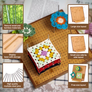 May include: A bamboo crochet board with multiple steel pins for displaying crocheted squares. The board has a natural wood and bamboo construction and comes with a display base for storage. The image shows three different layouts for displaying crocheted projects: large size, small size side by side, and free size.