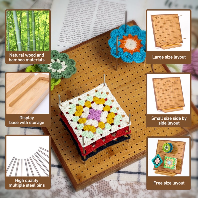 May include: A bamboo crochet board with multiple steel pins for displaying crocheted squares. The board has a natural wood and bamboo construction and comes with a display base for storage. The image shows three different layouts for displaying crocheted projects: large size, small size side by side, and free size.