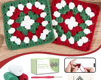 OAKWOOMA Crochet Kit for Beginners,Easy Arts and Crafts Knitting & Crochet Coaster Kit with Step-by-Step Video(Christmas Granny Square)
