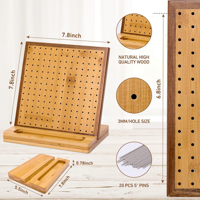 May include: A wooden earring display stand with a pegboard for holding earrings. The stand has a base with two slots for storing earring backs. The stand is made of natural high quality wood and has 3mm holes. It comes with 20 5-inch pins.