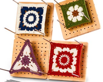 4-Pack 4.7" Crochet Blocking Boards with 25 Steel Pins Pegs, Assembles into 9.4" Standable Granny Square Blocking Board for Crochet Projects