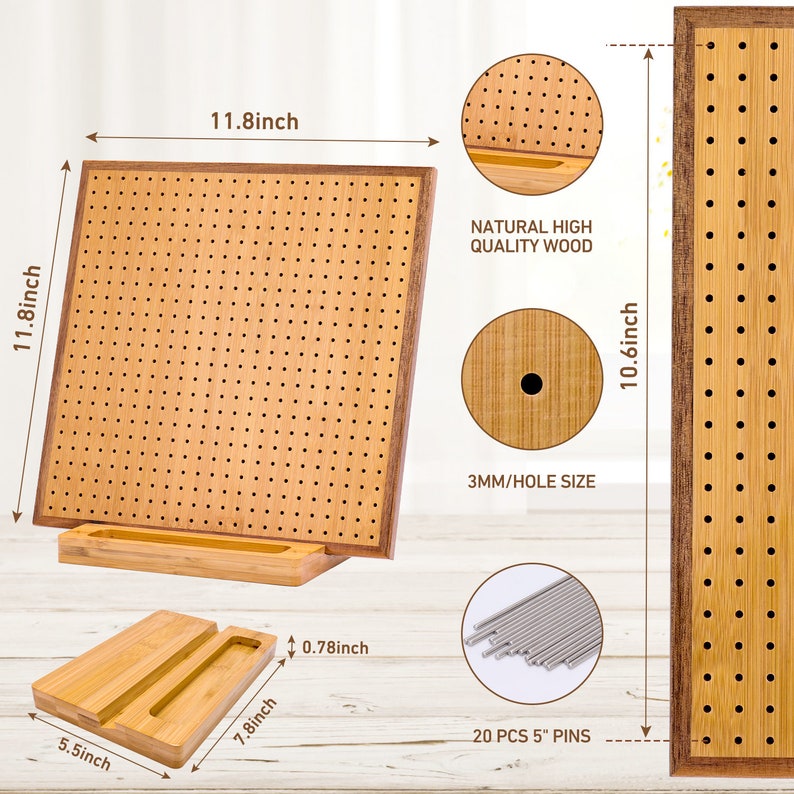 May include: A wooden pegboard with a stand, measuring 30cm by 27cm, with 3mm holes. It comes with 20 metal pins, 12.7cm long. The pegboard is made of natural high quality wood.