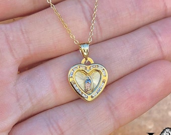 18K Gold Filled Virgen de Guadalupe Heart Necklace: CZ Stone Cable Chain
