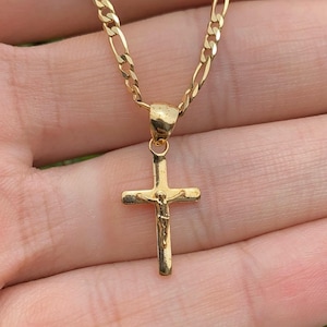 Newborn Baby Kids Boys Girls Cross Necklace Pendant • Fashion Fine Gifts for Womens • Everyday Wear Catholics Figaro Chain • Crucifix Charm