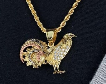 Collier coq CZ chaîne pour homme en corde plaquée or 14 carats