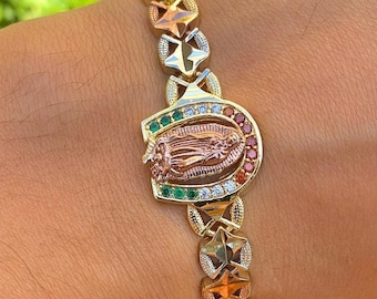 14K Gold Filled Virgen de Guadalupe Bracelet: Tri-Color CZ, 7"