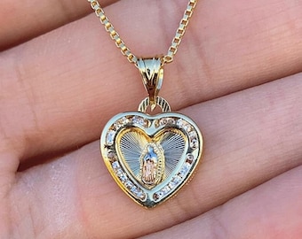 Virgen de Guadalupe-halsband: Hjärtberlock i 14 karat guld, CZ-hänge