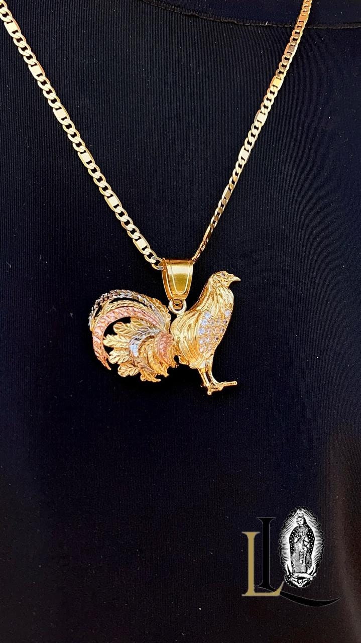 14K Gold Filled Rooster Pendant Necklace: CZ Stone Accent, 24