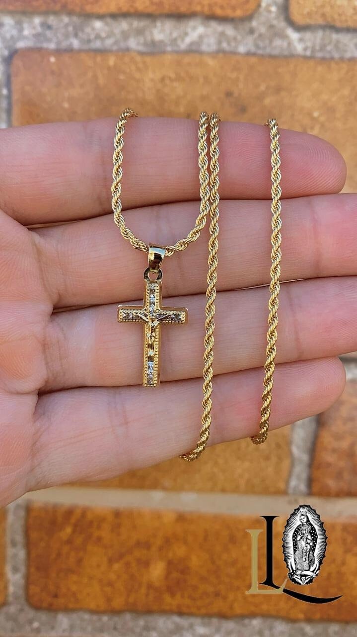 14K Gold Filled CZ Crucifix Pendant Necklace - Dainty Rope Chain