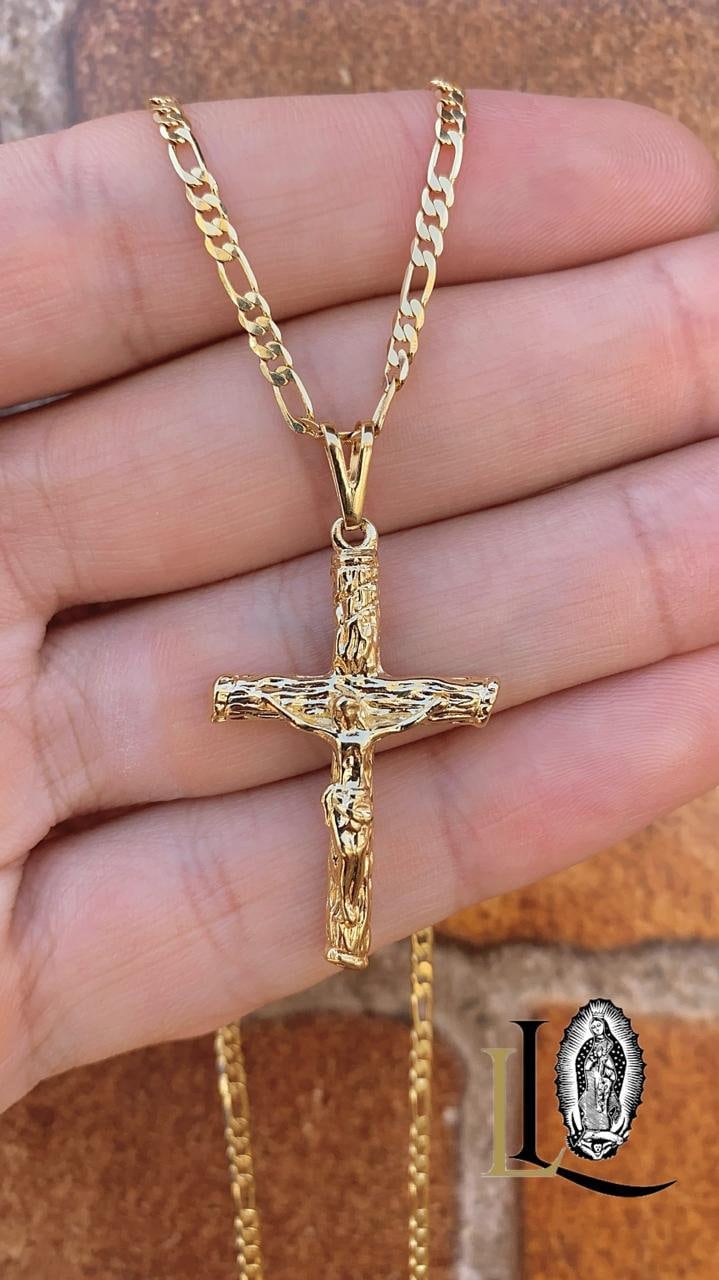 Mens Yellow Gold Filled Cross Necklace • Crucifix Charm Pendant 36x23 • Cadena de Cruz para Hombre • Figaro Link Chain 20" 24" Gifts for Him