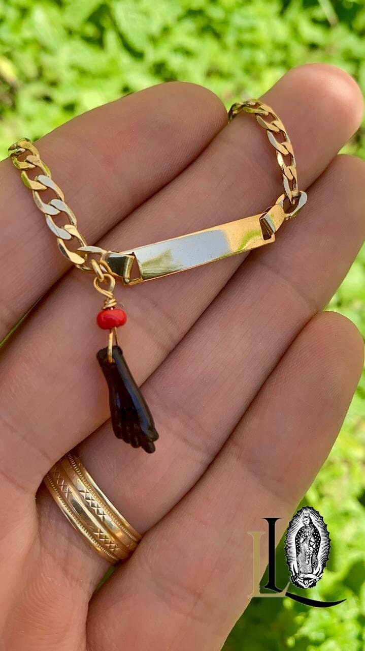 14K Gold Filled Baby ID Bracelet: Curb Chain Azabache Charm, 5.5