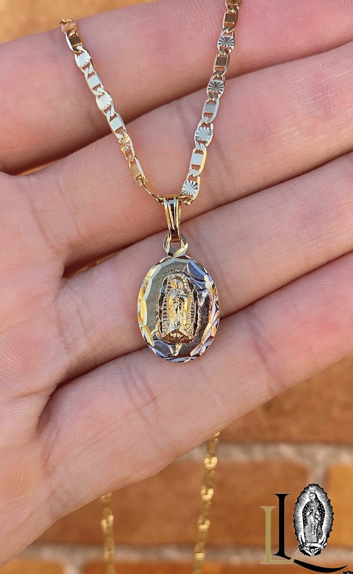 14K Tri-Color Gold Jungfrau Maria Guadalupe Charm Anhänger Halskette