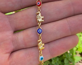 14K Gold Filled Baby Bracelet: Evil Eye Elephant Charm,