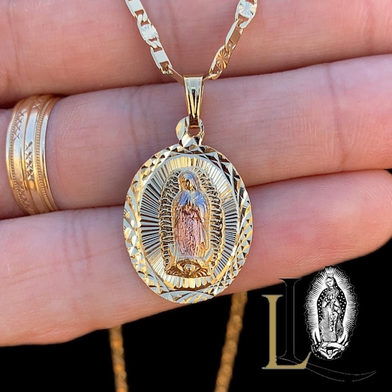 Virgen De Guadalupe Necklace Rose Gold, Virgin Mary Charm, Diamond