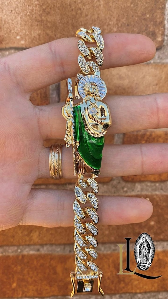 CZ San Judas Bracelet: 14K Gold Plated Curb Link, 7.5