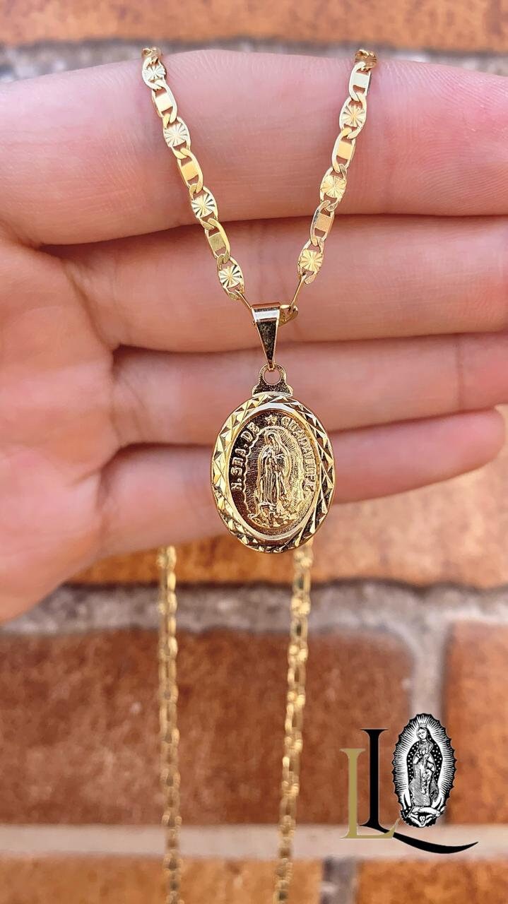Ciondolo Religioso Vergine Maria In Oro 14k Rosa E Giallo &ndash; Con Catena Valentino 18 Pollici