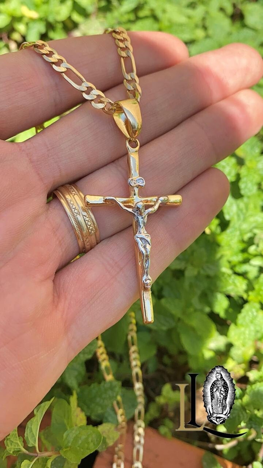 14K Gold Filled Cross Necklace: Two-tone INRI Crucifix, Figaro Chain - Etsy