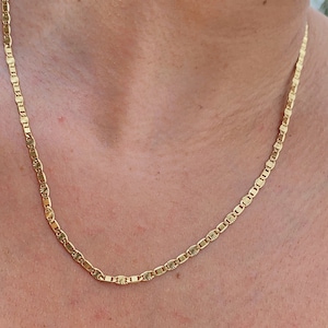May include: A gold chain necklace with a delicate, patterned design. The chain is made of small, oval-shaped links.