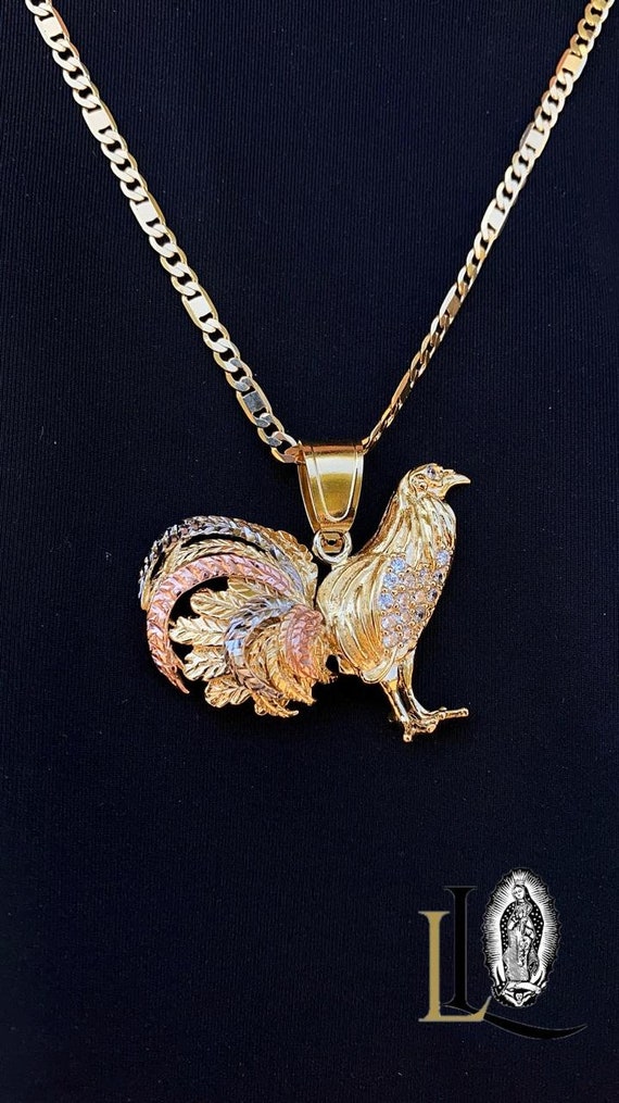 14K Gold Filled Rooster Pendant Necklace: CZ Stone Accent