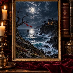 Poster „Düstere Romantik: Mondbeschienenes Schloss“, Wandbild „Gotische Meeresklippe und roter Schal“, Dekoration im Stil von Dark Academia, Geschenkidee für BookTok-Leser, Geschenkidee für gedruckte Exemplare