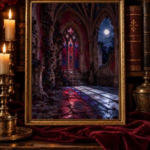 Poster mit Rosenfenster einer gotischen Kathedrale, Wandbild „Dark Academia“ im Mondschein, Dekoration für BookTok-Leser im Stil düsterer Liebesromane, Kunstdruck mit Buntglas-Motiv für Sie