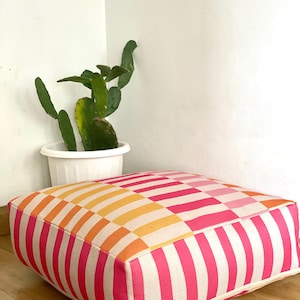 Bohemian Floor Pouf Ottoman: Washable Polyester Linen Cover, Handmade Cushion