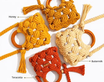 Handmade Macrame Crochet Bag, Cotton Tassel Shoulder Handbag, Wooden Handle Cottagecore Bag