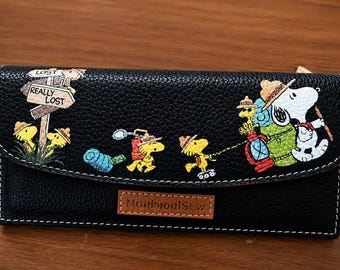 Hand-Painted Genuine Leather Long Wallet, Snoopy Woodstock Art, Everyday Purse