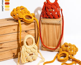Handmade Crochet Macrame Bag, Cotton Rope Purse, Boho Wooden Handle Tote