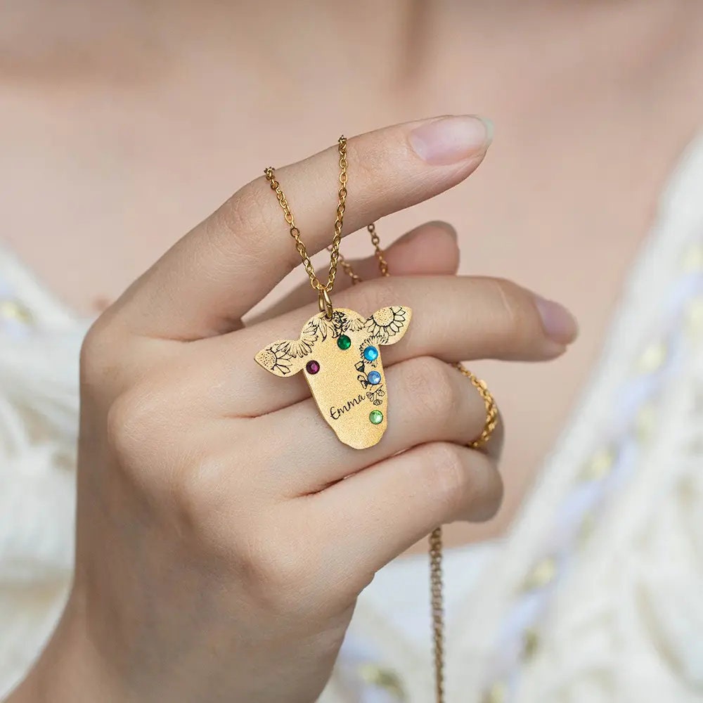 Custom Cow Necklace, Birthstone Cow Jewelry, Name Necklace, Western Jewelry, Western Necklace, Cow Lovers Gift, Engraved Necklace