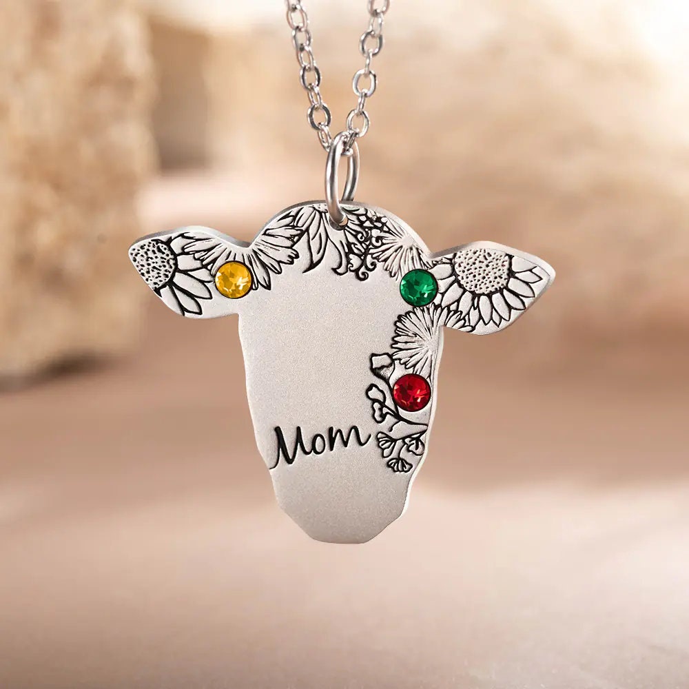 Custom Cow Necklace, Birthstone Cow Jewelry, Name Necklace, Western Jewelry, Western Necklace, Cow Lovers Gift, Engraved Necklace