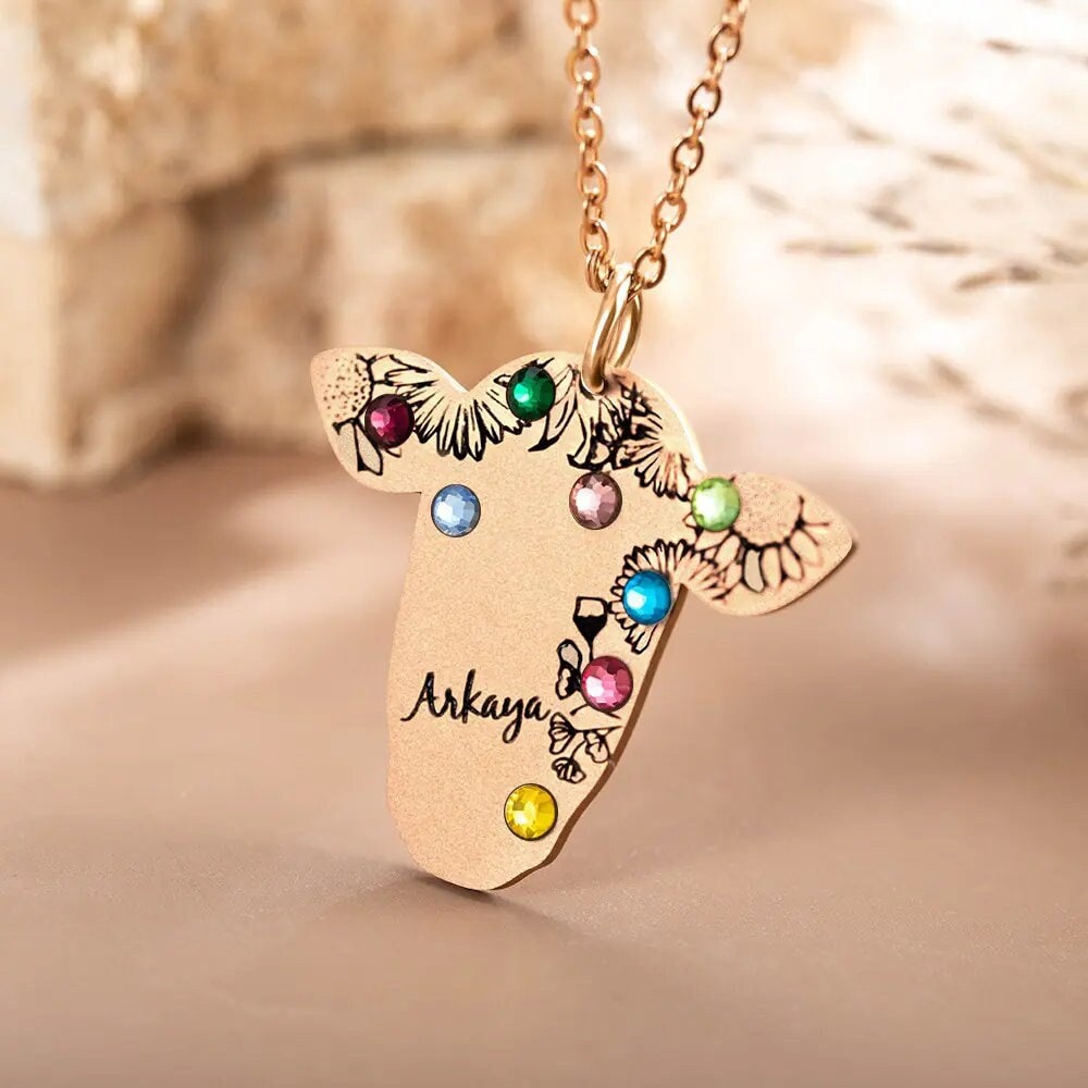 Custom Cow Necklace, Birthstone Cow Jewelry, Name Necklace, Western Jewelry, Western Necklace, Cow Lovers Gift, Engraved Necklace