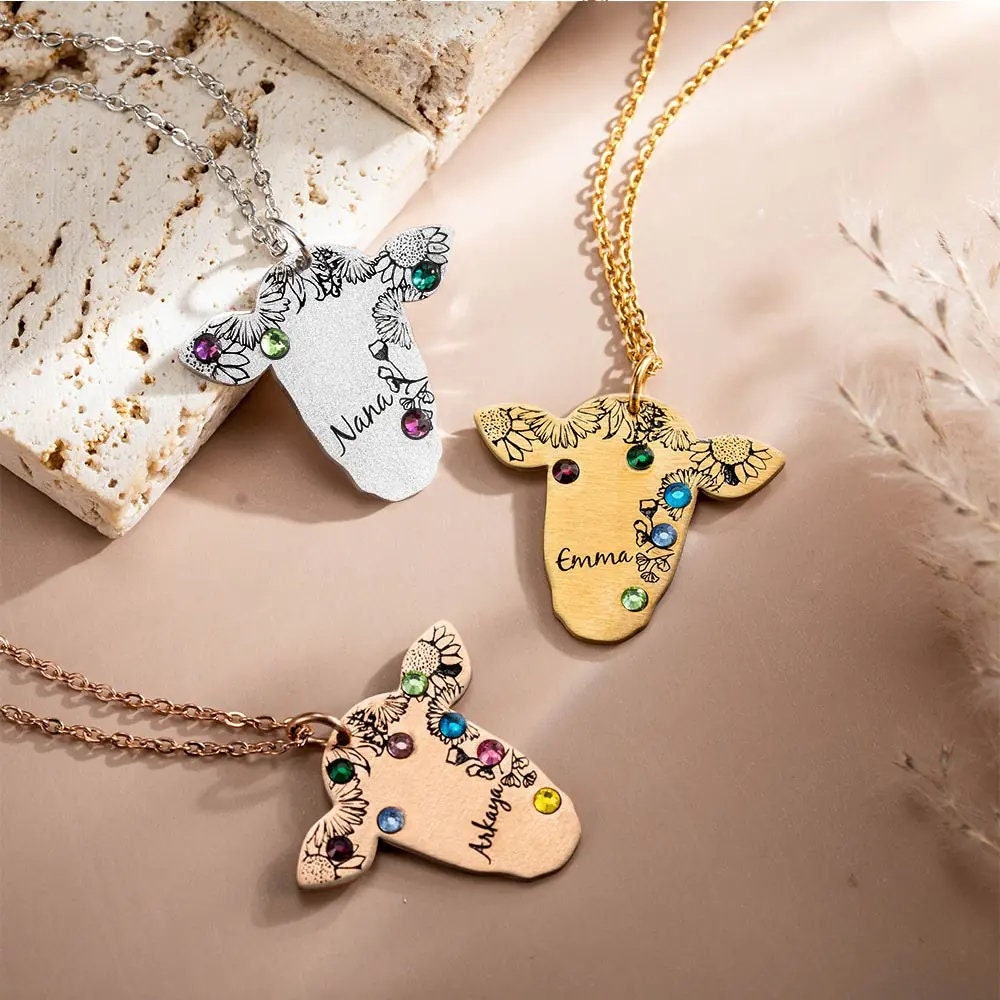 Custom Cow Necklace, Birthstone Cow Jewelry, Name Necklace, Western Jewelry, Western Necklace, Cow Lovers Gift, Engraved Necklace