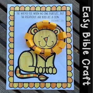 Op de afbeelding: Een printbare knutselactiviteit voor kinderen met een leeuw waarvan de manen gemaakt zijn van gele papieren vierkanten. De knutselactiviteit bevat de Bijbeltekst "De goddeloze vlucht wanneer niemand hem achtervolgt, maar de rechtvaardige is dapper als een leeuw. Spreuken 28:1."